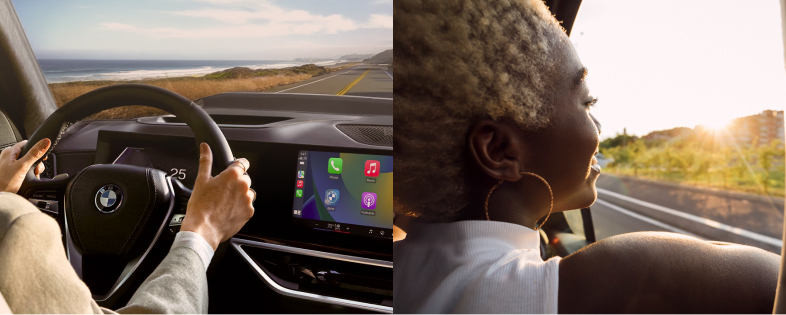 Woman driving BMW, hands on steering wheel. Woman looking out passanger side window.