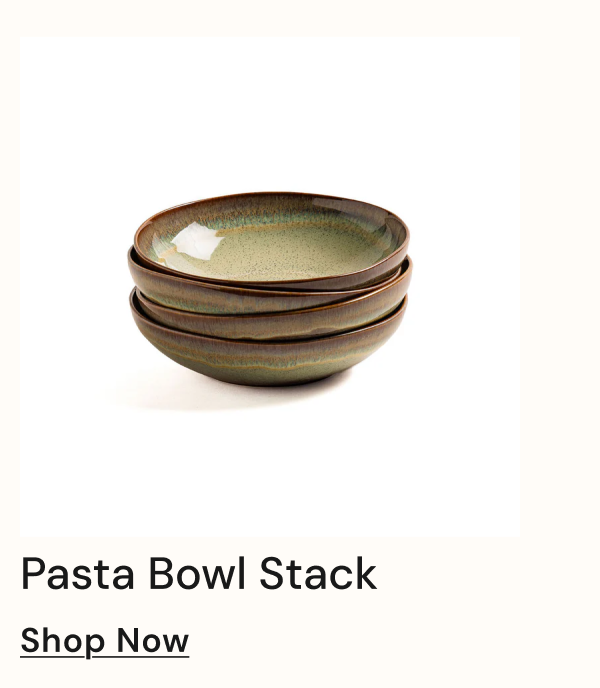 Three stacked pasta bowls in green and brown tones.