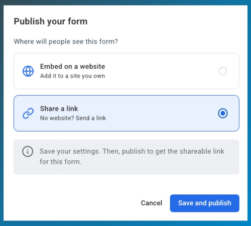Screenshot showing the Share a Link option for publishing a form