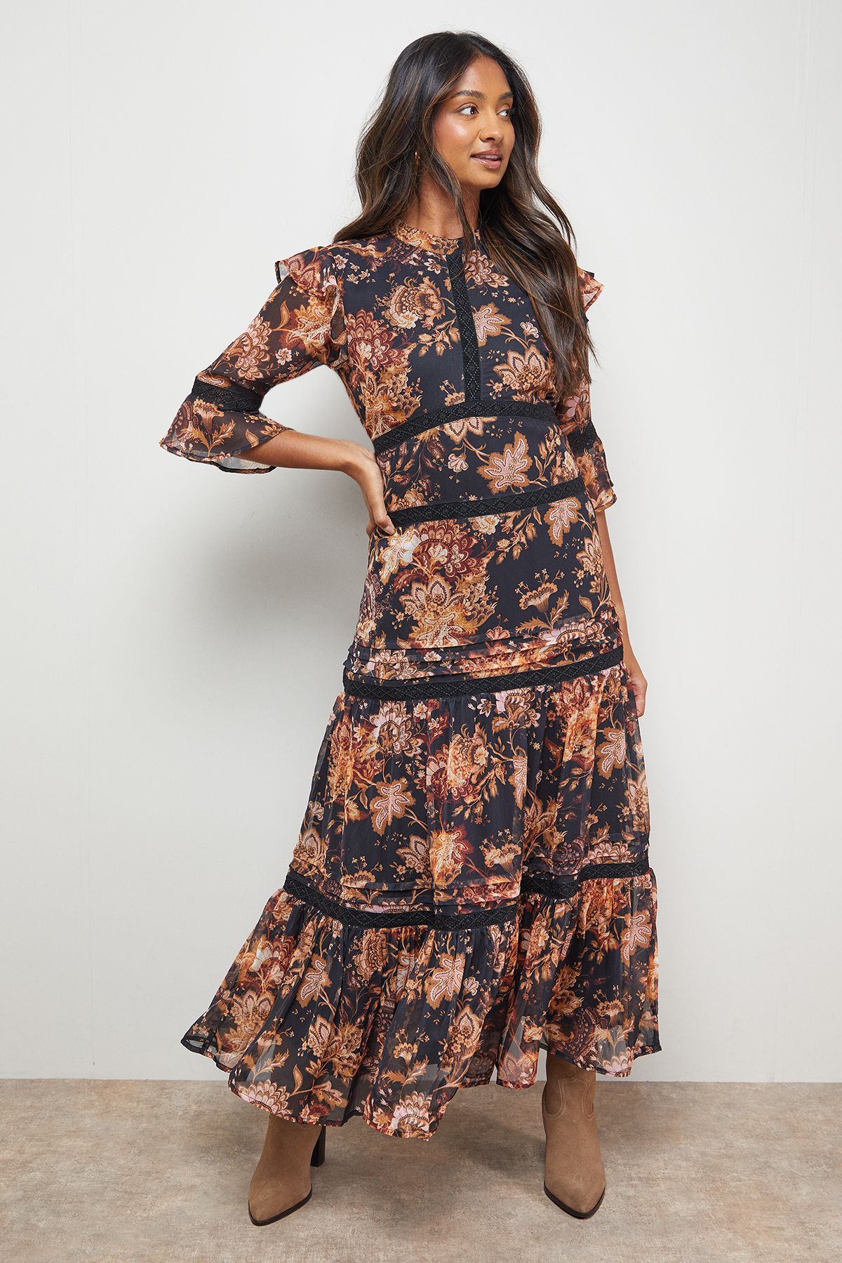 Chiffon Lace Insert Midi Dress