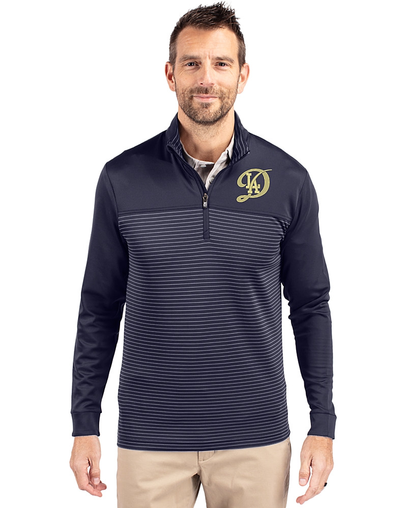 Image of Los Angeles Dodgers City Connect- Cutter & Buck Traverse Recycled Smooth&nbsp;Stretch&nbsp;Mens&nbsp;Big & Tall Stripe Quarter Zip Pullover