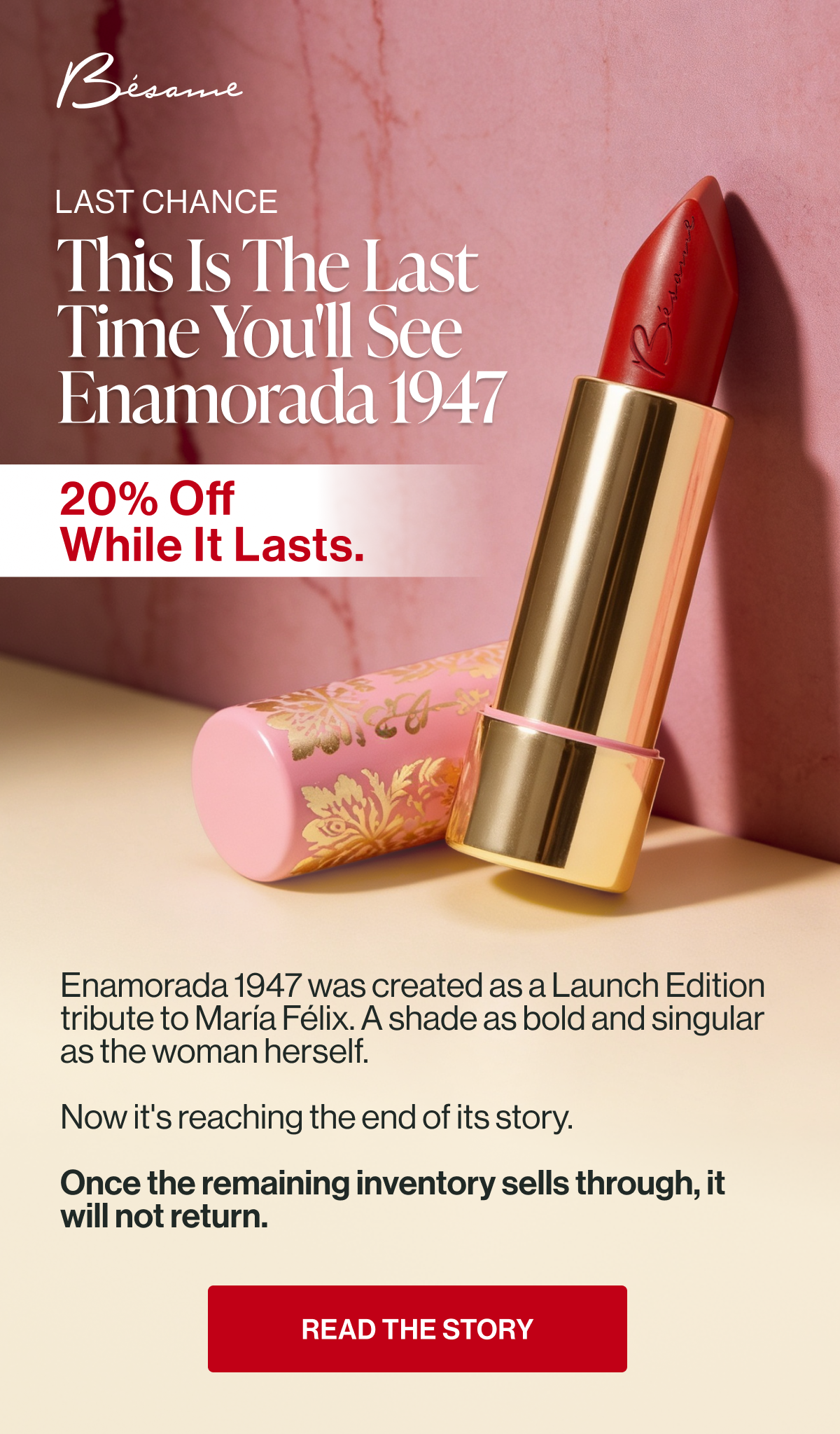 this is the last time you'll see enamorada 1947 last chance read the story enamorada 1947 was created as a launch edition tribute to maría félix. a shade as bold and singular as the woman herself. now it's reaching the end of its story. once the remaining inventory sells through, it will not return. 20% off
while it lasts.