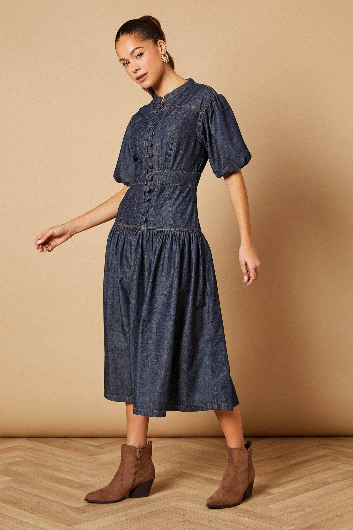 Drop Waist Button Up Denim Midi Dress