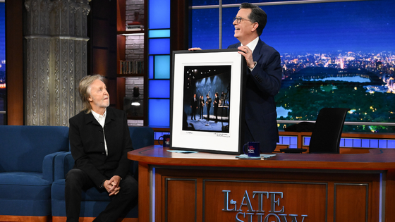 Stephen Colbert and Paul McCartney on the set.