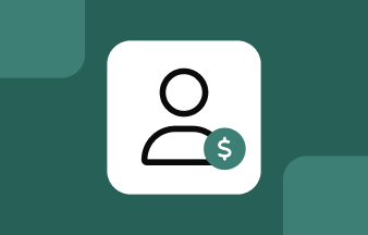 A black outline of a person’s head and shoulders on a white rounded square, featuring a small green circle with a white dollar sign in the corner; on a green background.