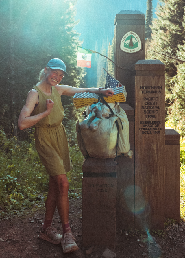 Liz (Pink Feathers) finishing the PCT.