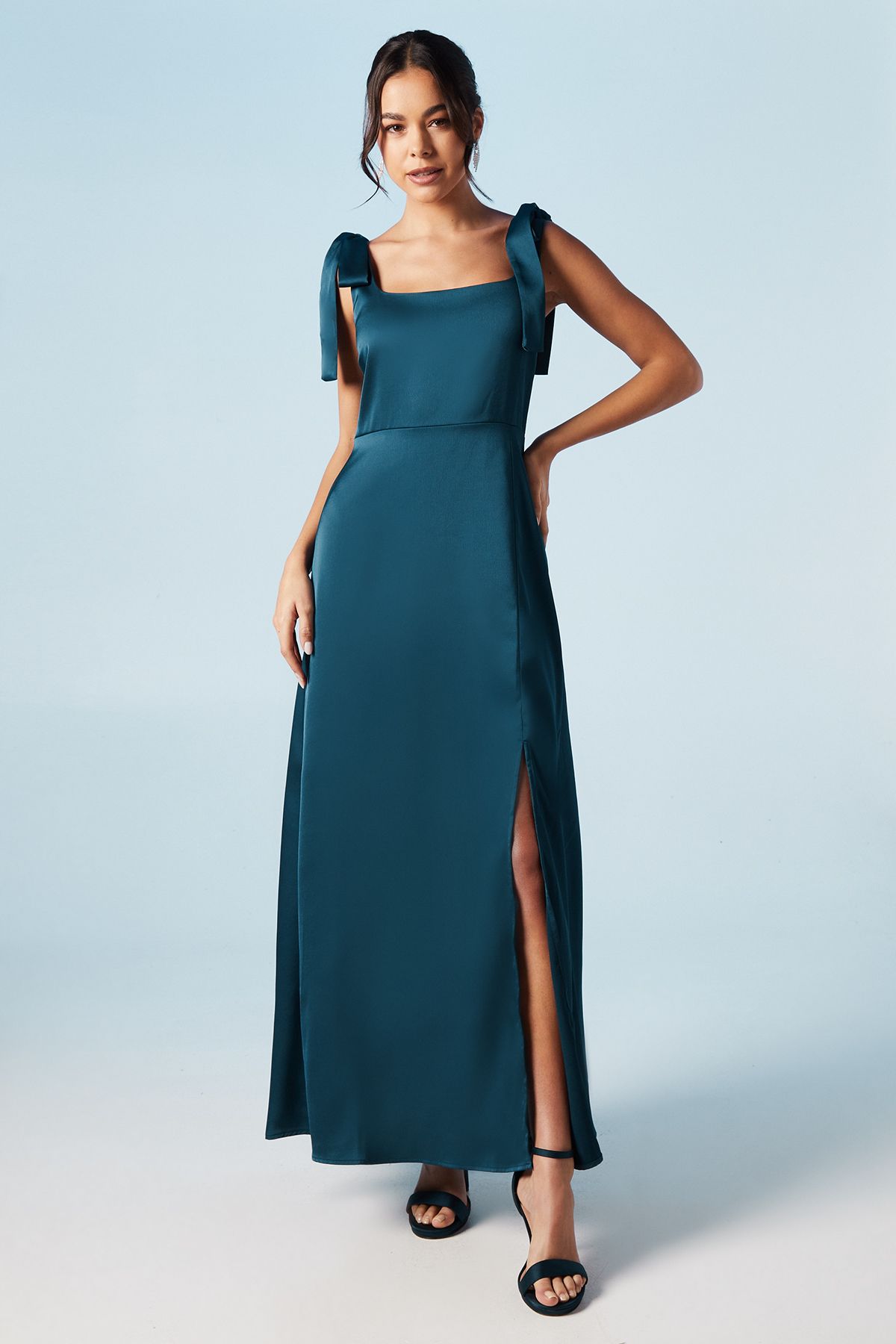 Satin Tie Shoulder Midi Bridesmaids Dress