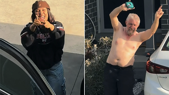 A photo of a woman pointing up and a photo of a shirtless man dancing.