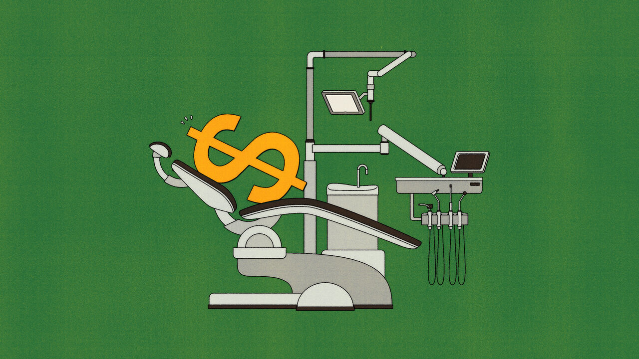 Illustration of a dollar sign in a dentist's chair