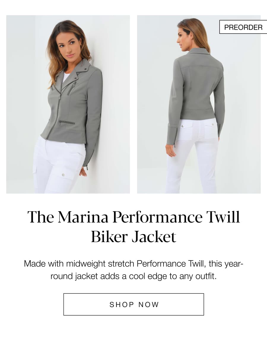 The Marina Performance Twill Biker Jacket. SHOP NOW