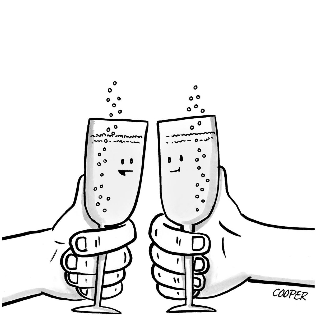Two champagne glasses are talking to each other.