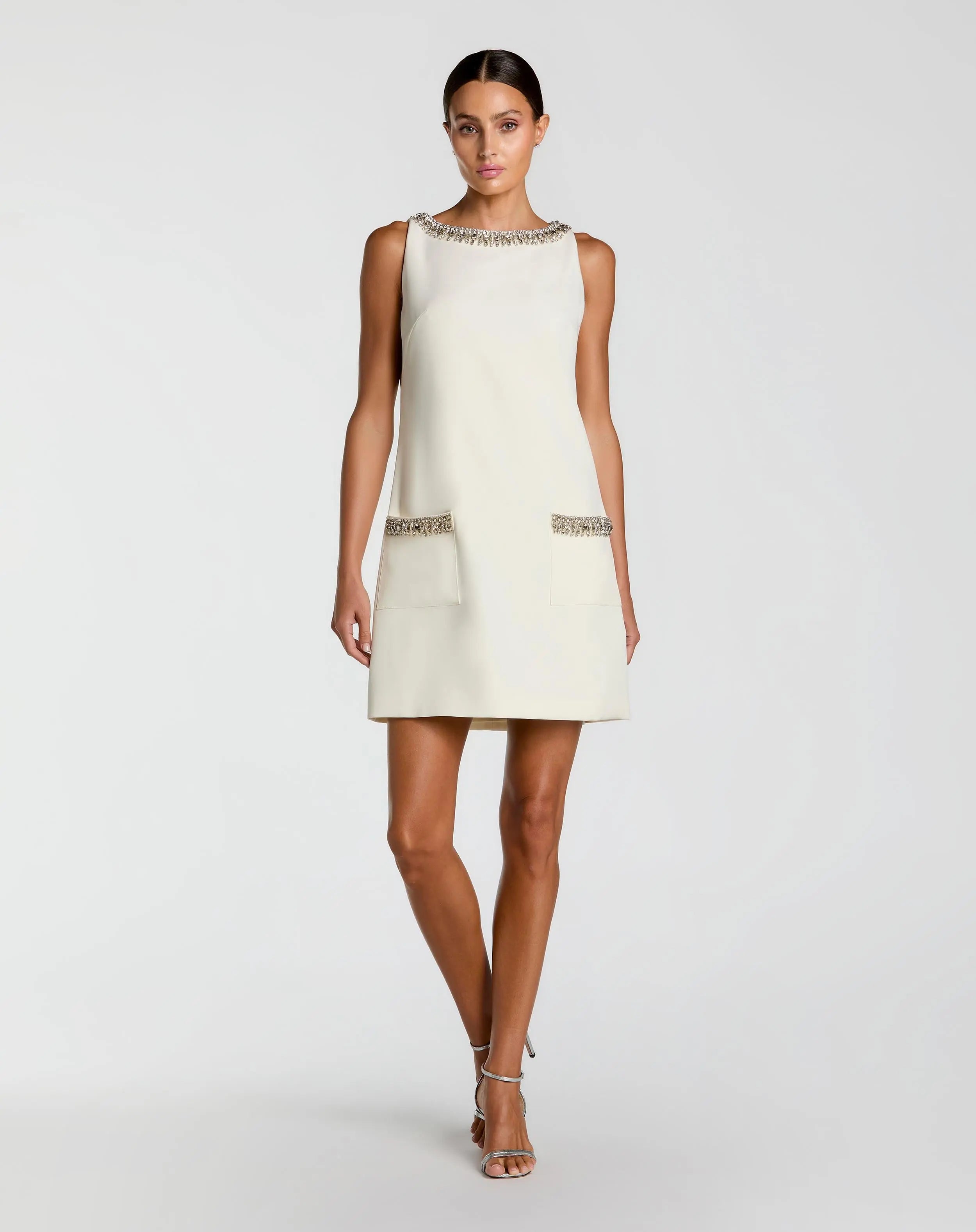 Image of Ivory Sleeveless Shift Mini Dress with Rhinestone Trim