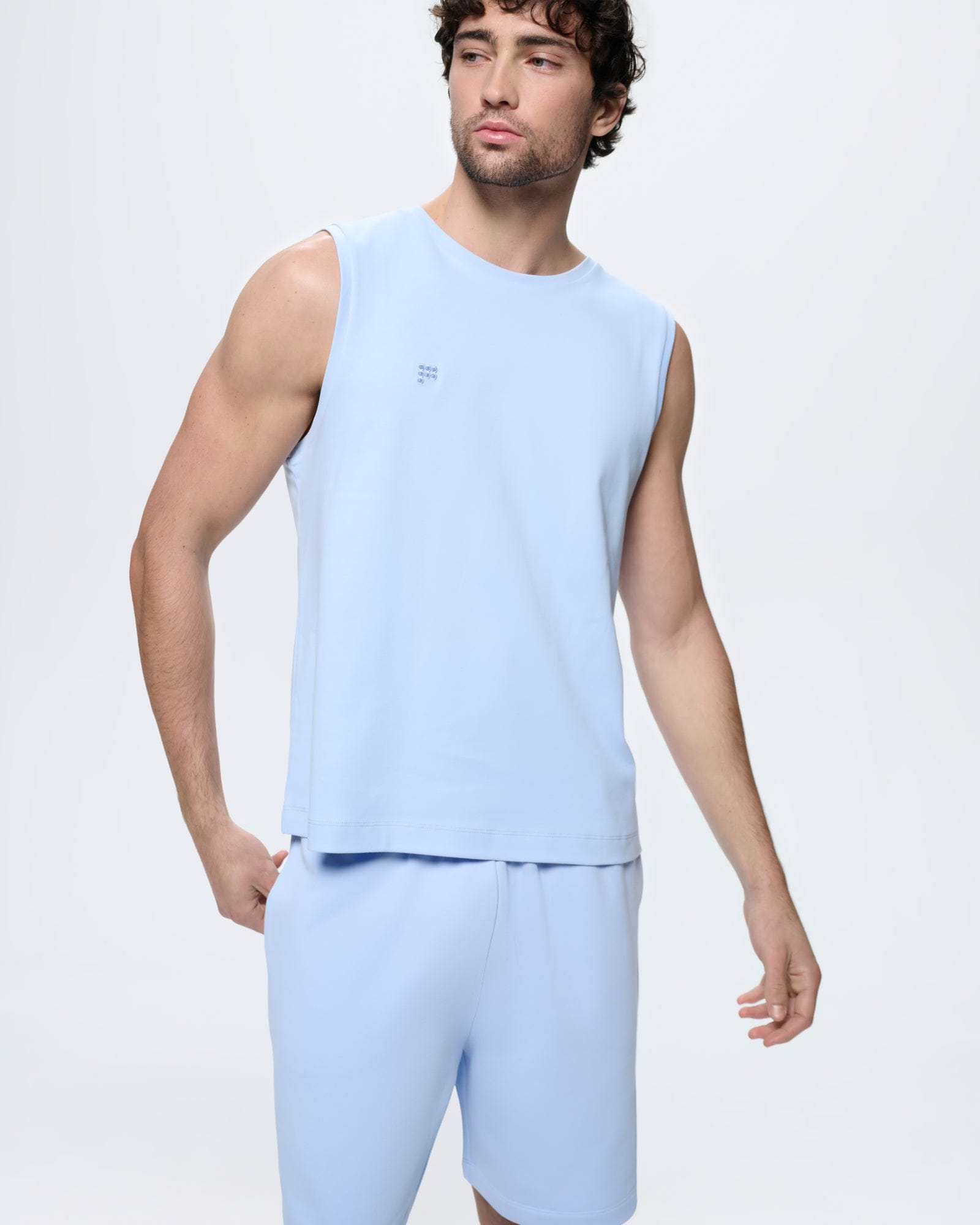 Image of Mens Sleeveless T-Shirt—Wildflower Blue