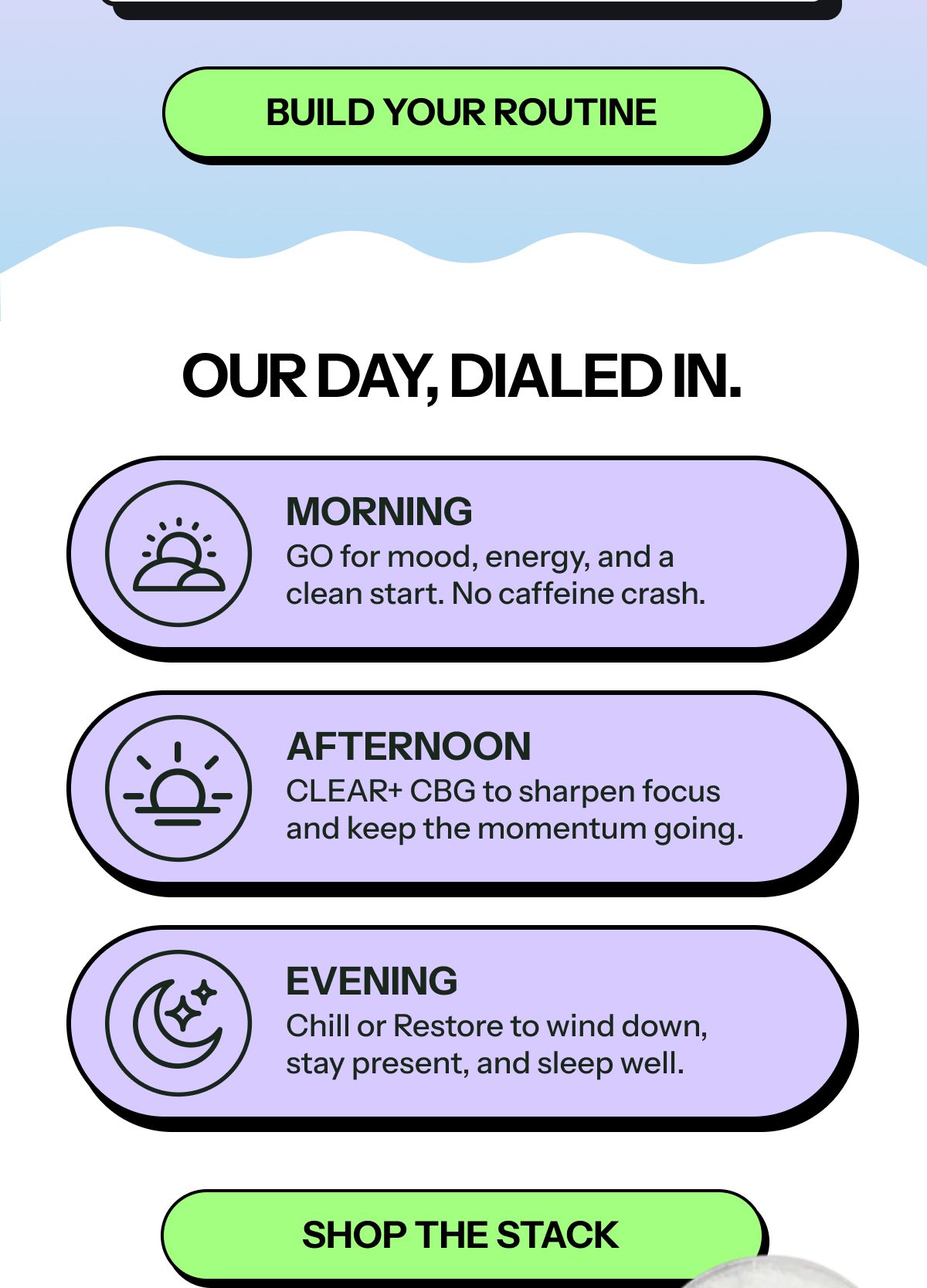 Morning routine for energy, afternoon for focus, evening for relaxation.