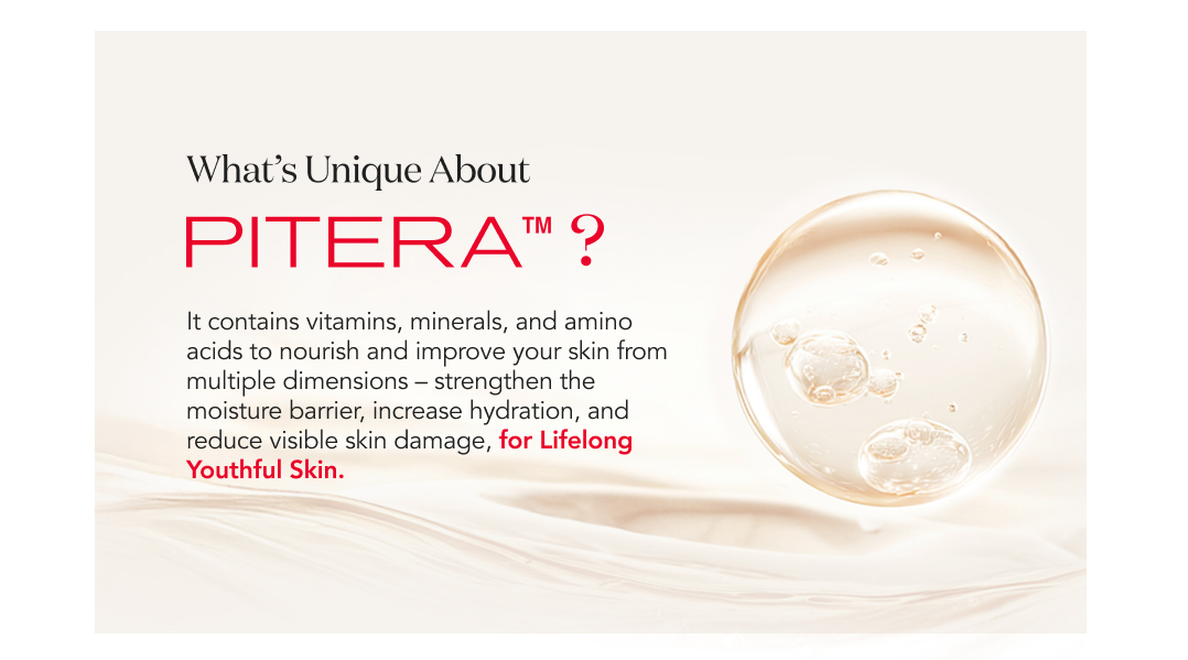 Close-up of PITERA™ ingredient droplet with text explaining its vitamins, minerals, and amino acids that improve skin and support lifelong youthful-looking skin.