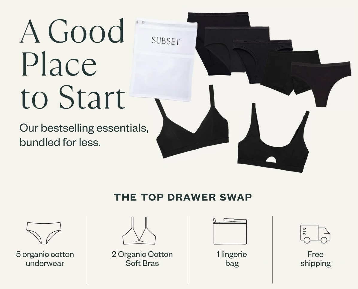 Wirecutter's Top Pick: Subset Organic Cotton Top Drawer Swap bundle — 5 underwear, 2 bras, 1 lingerie bag for $200. Editorial press feature.
