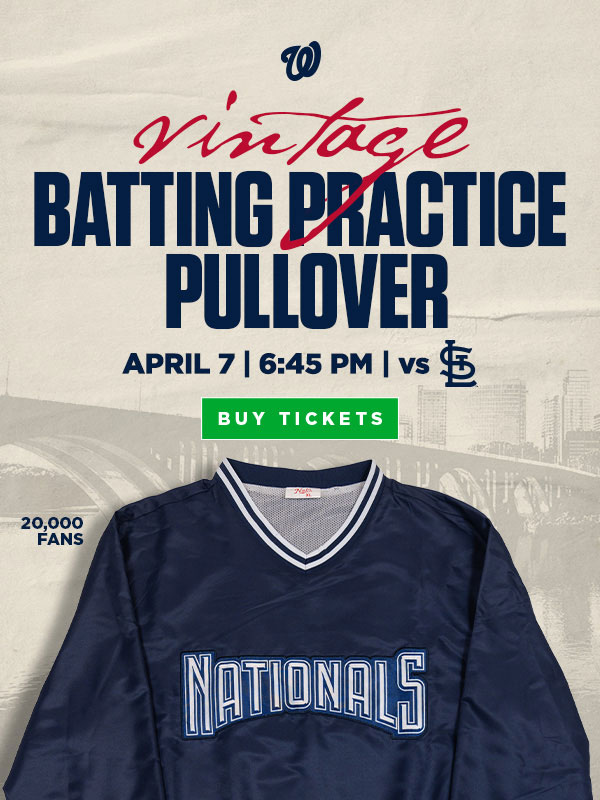 Click to buy tickets for Nationals vs Cardinals and receive a Vintage Batting Practice Pullover, 20,000 Fans