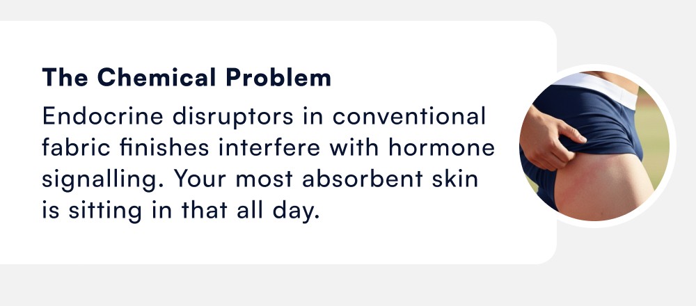 The Chemical Problem Endocrine disruptors in conventional fabric finishes interfere with hormone signalling. Your most absorbent skin is sitting in that all day.
