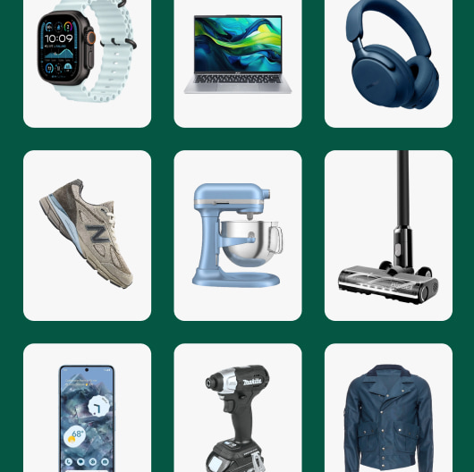 A variety of shoes, fashion, tools, and more sit on white tiles against a green background.