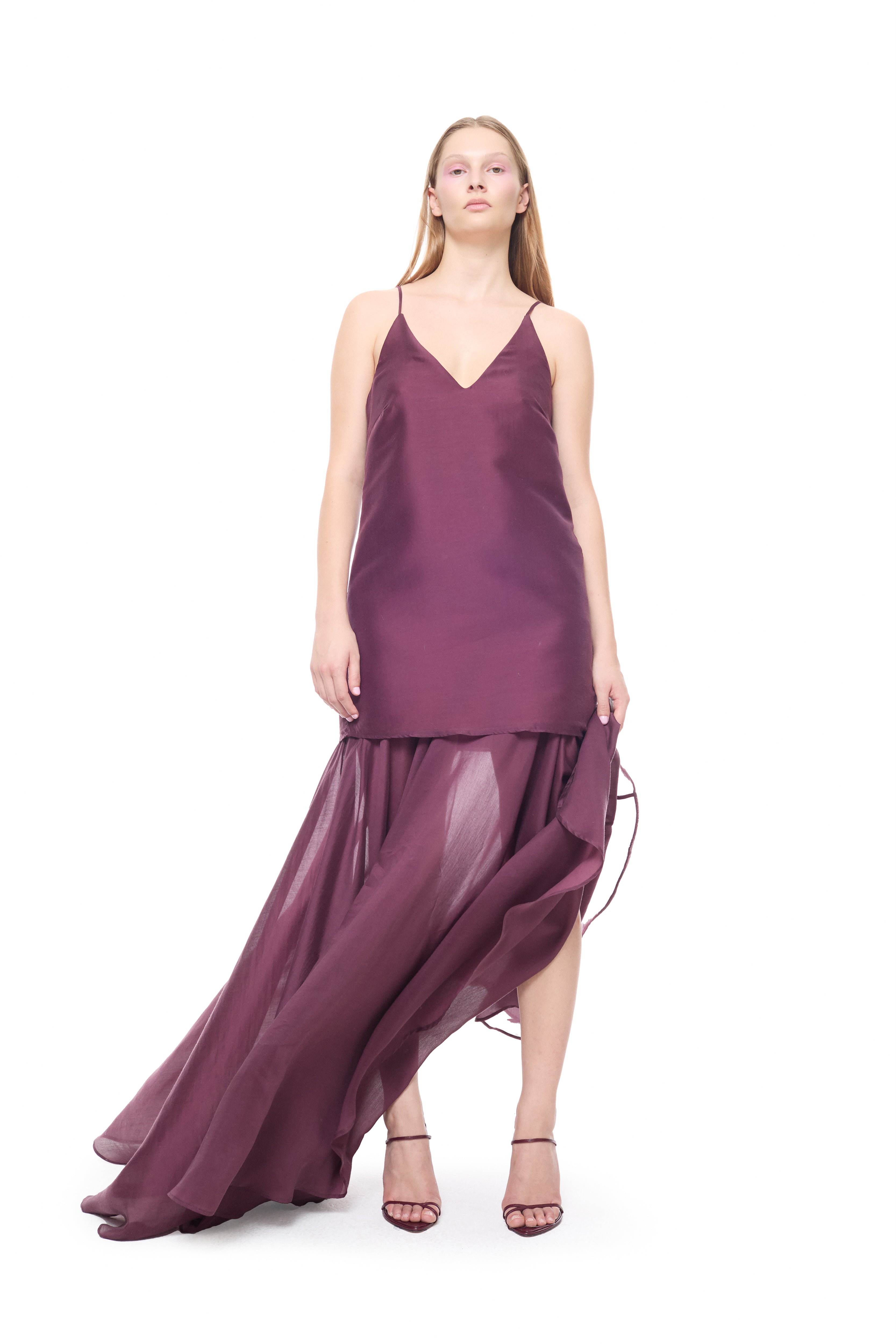 BURGUNDY DOUBLE LAYERED STRAPPY LONG DRESS