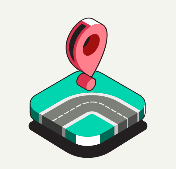 Location pin icon dropping onto an image of a road
