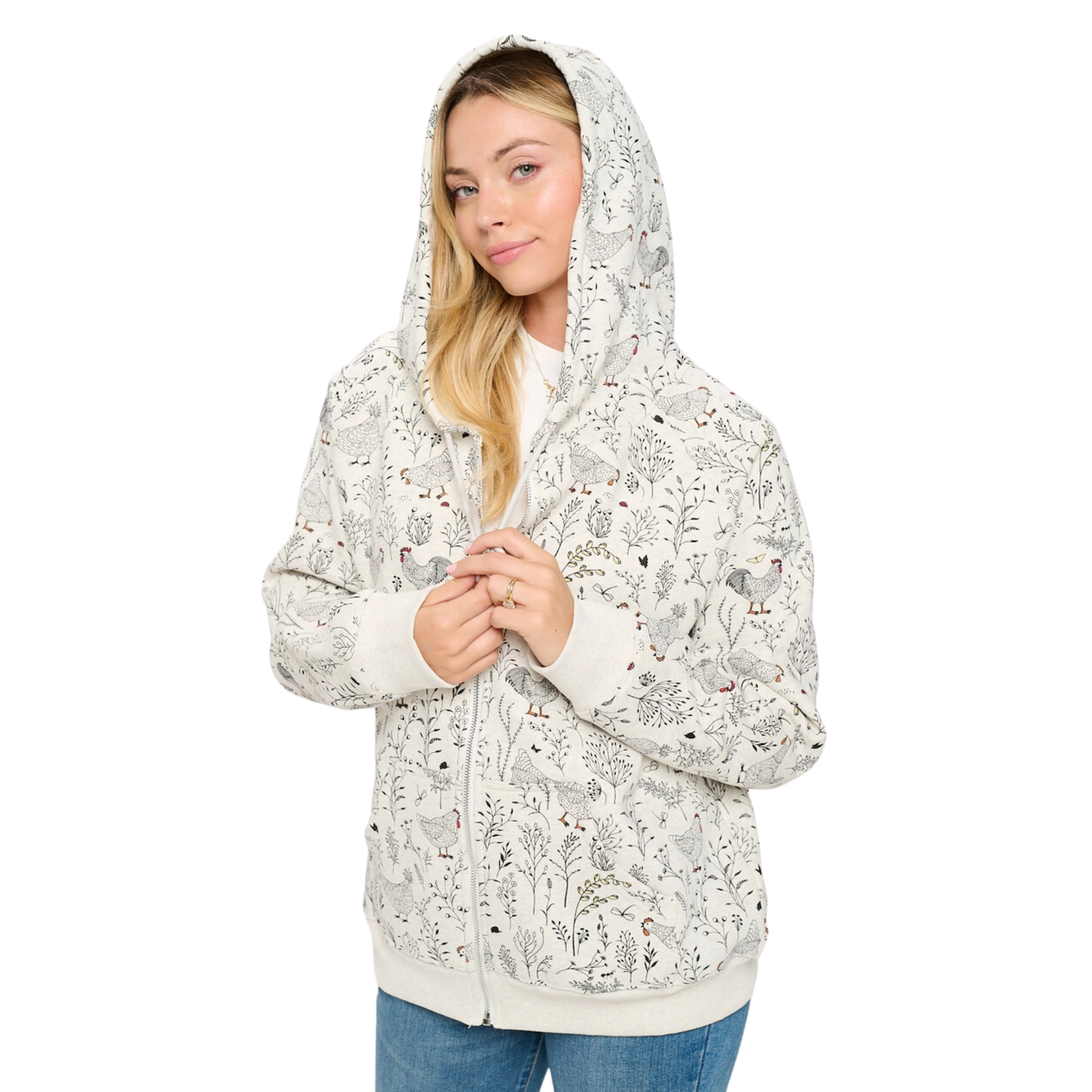 Image of Rooster Floral Print Zip Up Hoodie