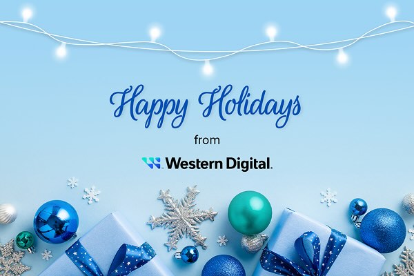 Happy Holidays greeting from Western Digital with blue and silver festive decorations.