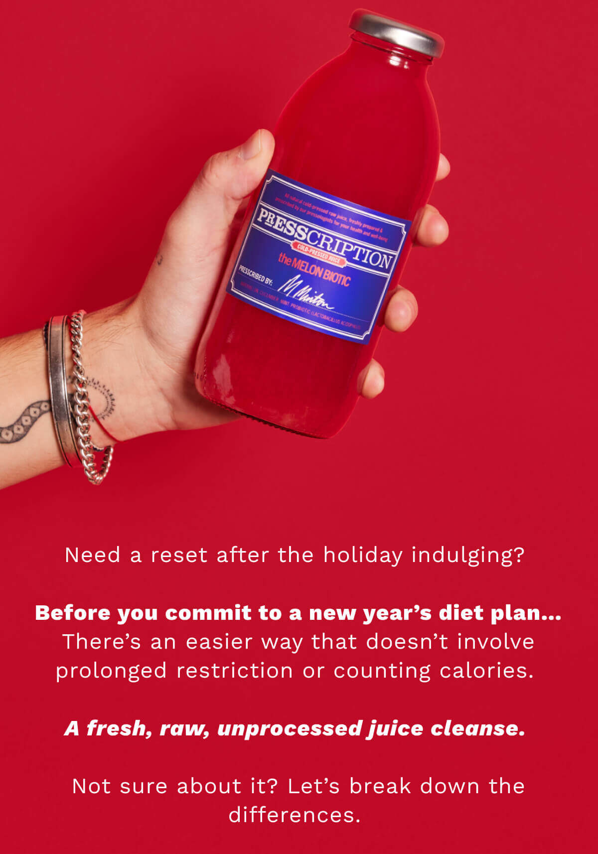Need a reset after the holiday indulging? Before you commit to a new year’s diet plan… There’s an easier way that doesn’t involve prolonged restriction or counting calories. A premium juice cleanse. 