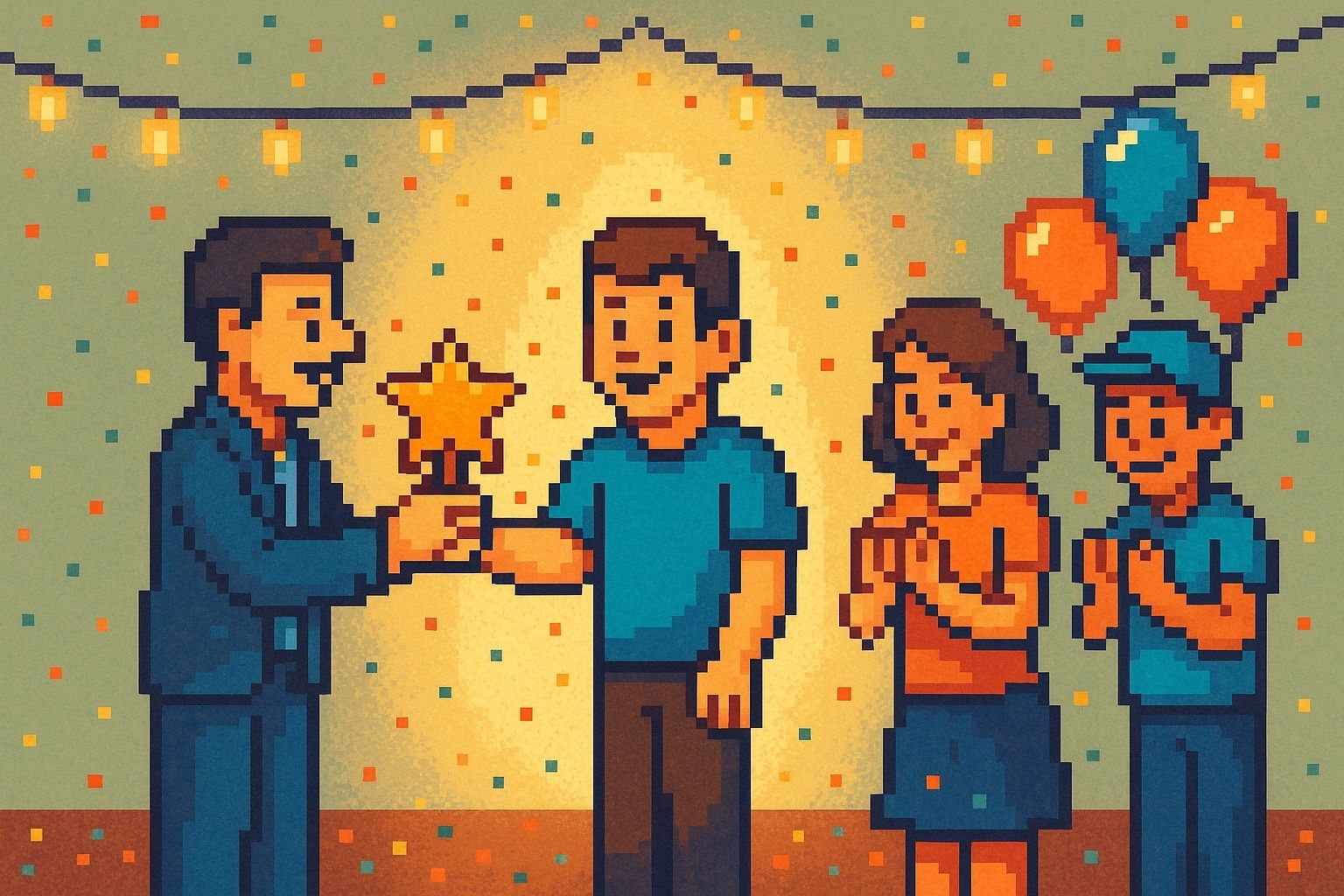 Pixel art office celebration with employees awarding a golden star to a colleague, surrounded by balloons, confetti, and string lights.