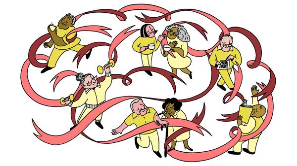 A group of older people engaged in activities that protect brain health such as eating well, exercising, socialising, receiving vaccines, and studying. A flowing ribbon connects and encompasses all of them, curving and looping to form the shape of a brain.