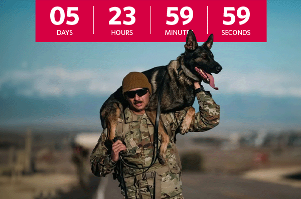 Countdown timer graphic. Service member carrying K-9.