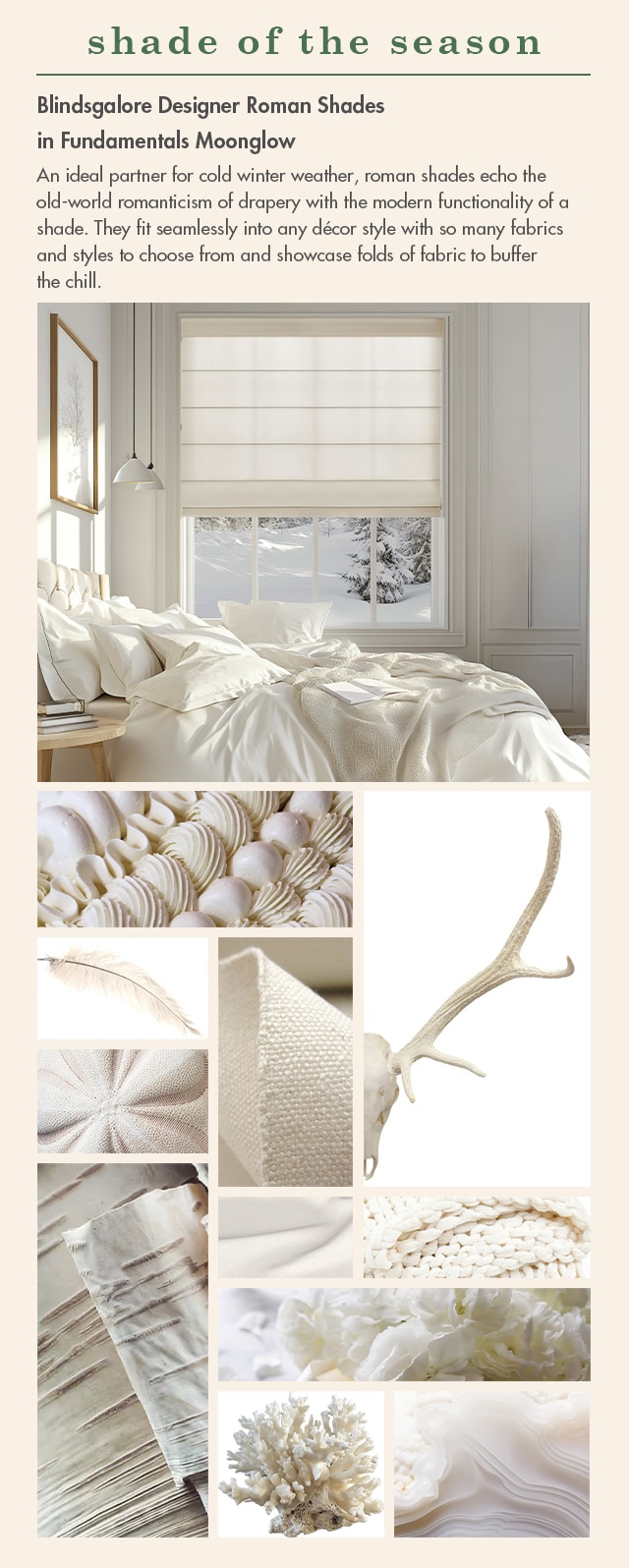 Blindsgalore Designer Roman Shades in Fundamentals Moonglow is our Shade of the Season