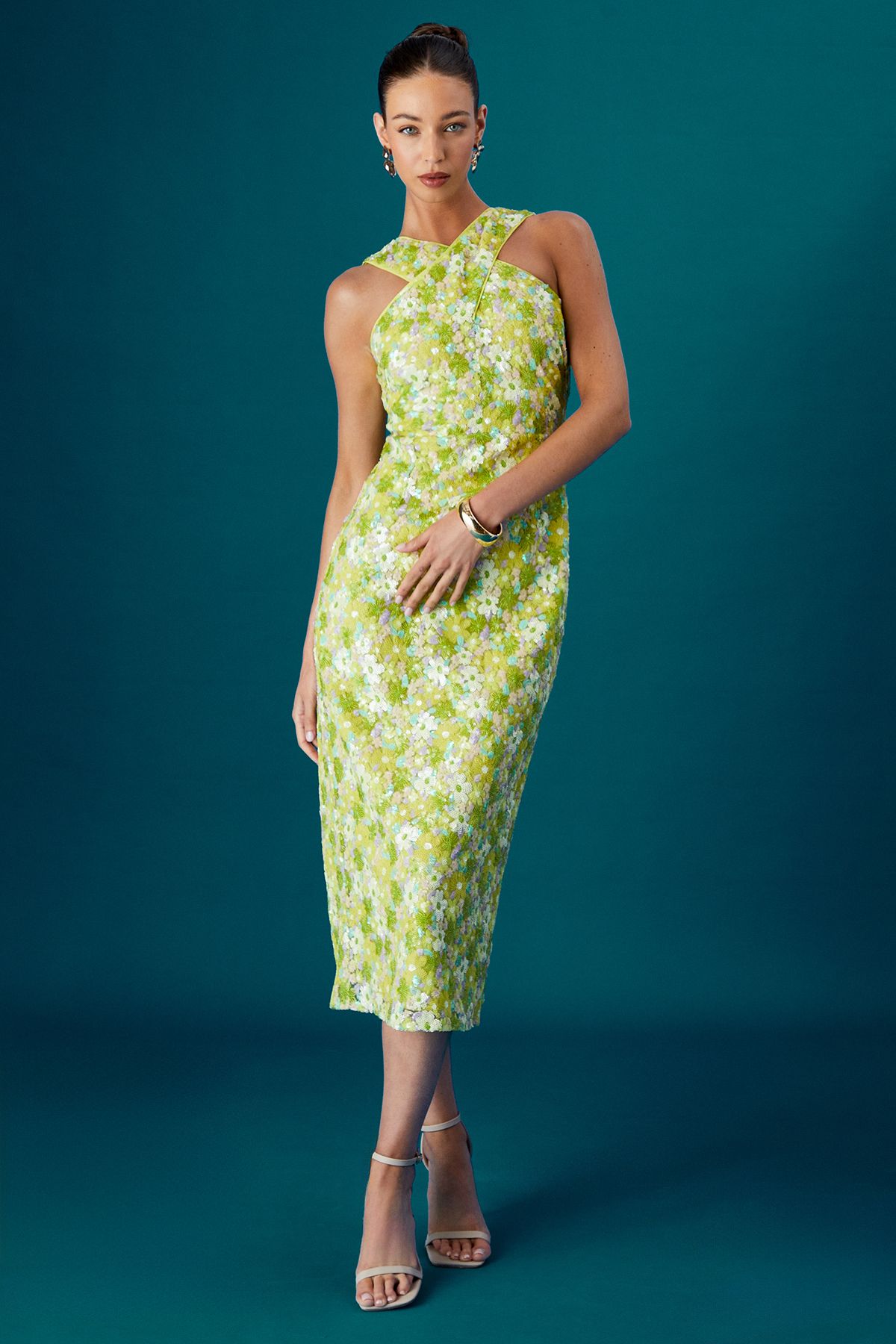 Coast Muse Cross Neck Sequin Floral Midi Dress