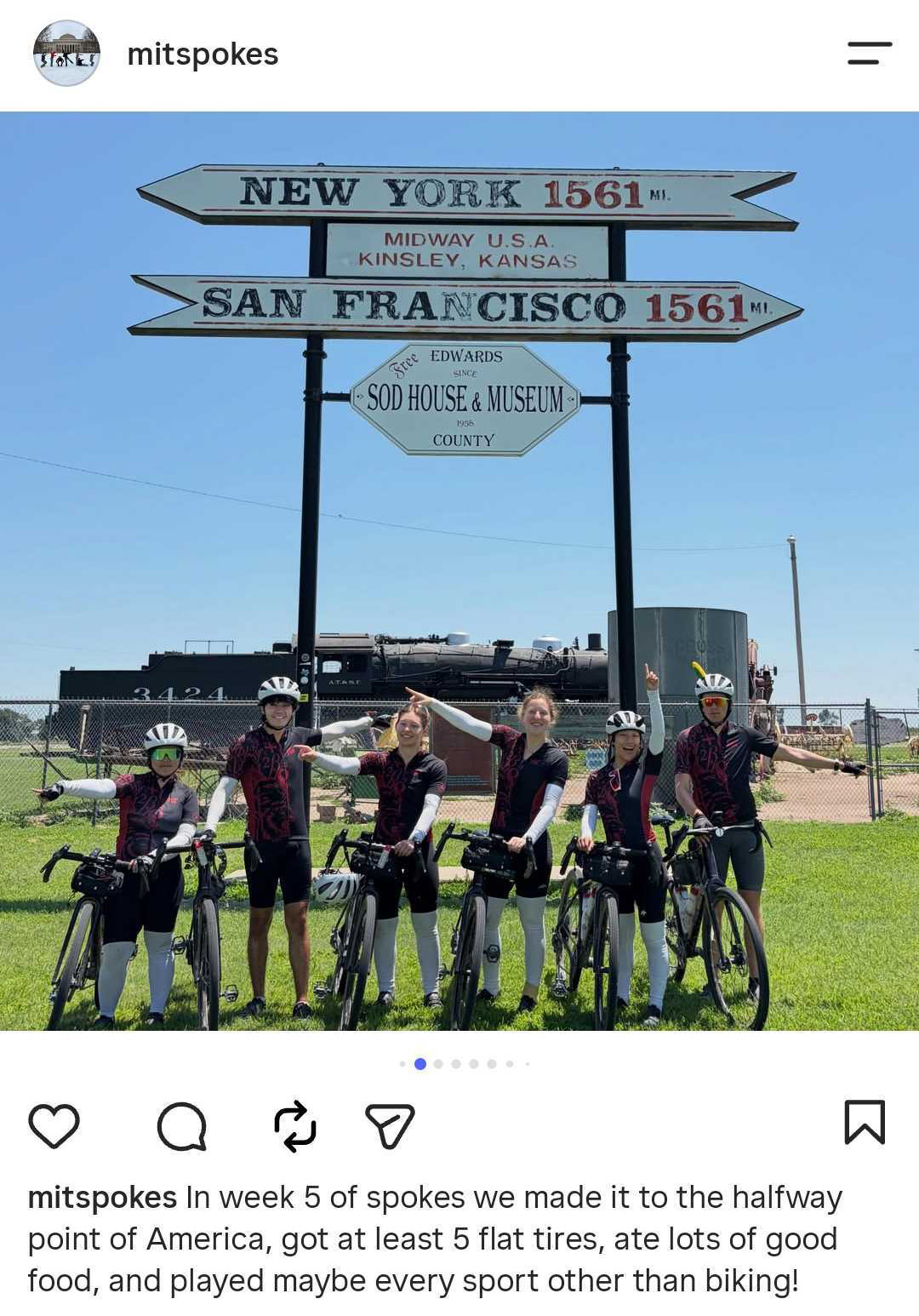 Six MIT students with bikes and helmets stand under a sign that indicates the midway point of New York and San Francisco. Text via @‌mitspokes: In week 5 of spokes we made it to the halfway point of America, got at least 5 flat tires, ate lots of good food, and played maybe every sport other than biking!