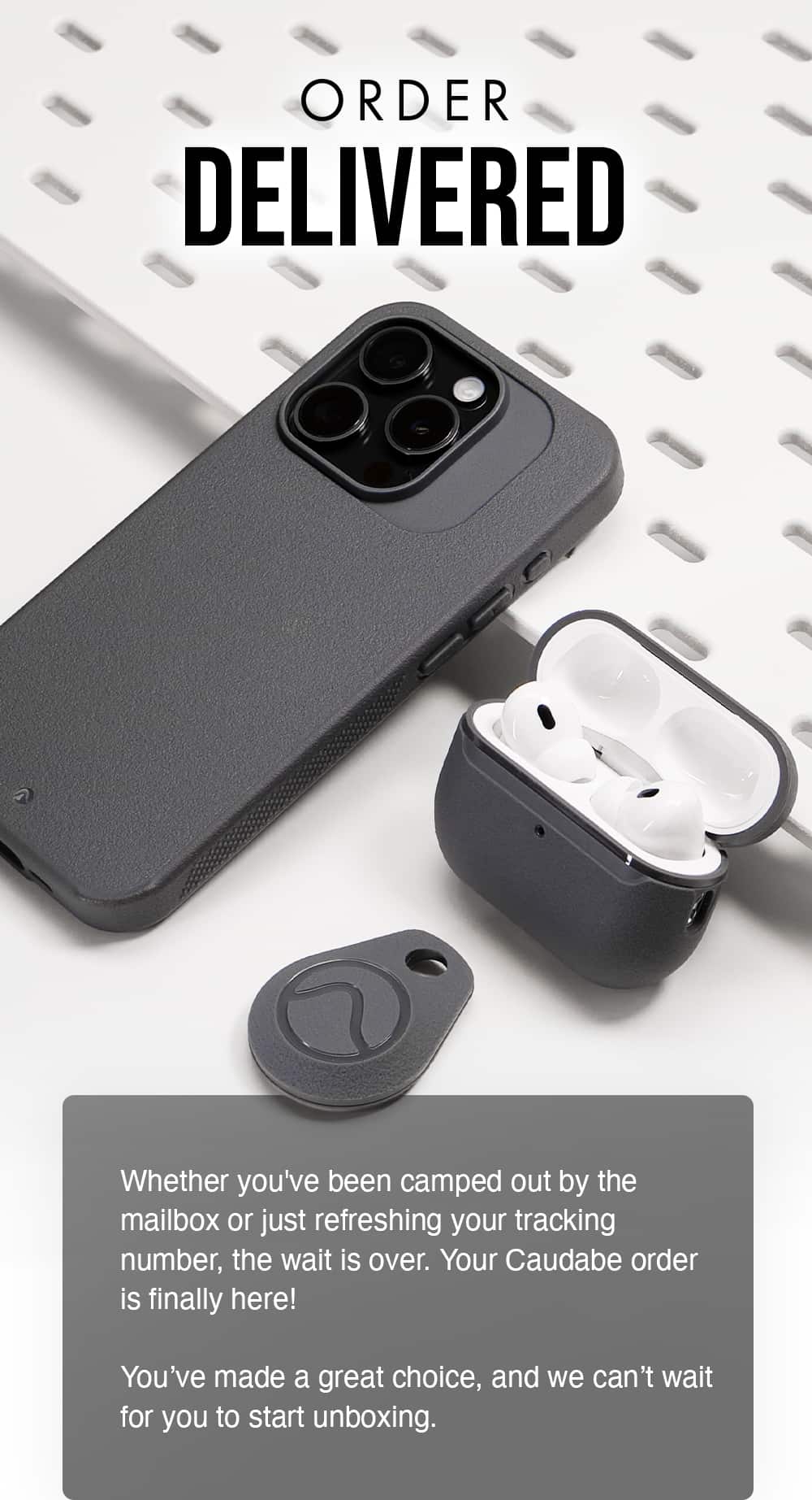 Order Delivered. Whether you've been camped out by the mailbox or just refreshing your tracking number, the wait is over. Your Caudabe order is finally here! You've made a great choice, and we can't wait for you to start unboxing.