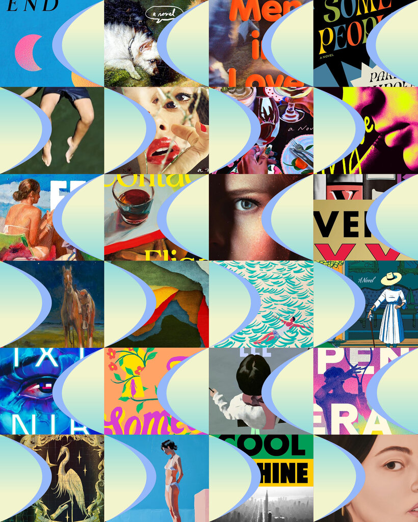 An illustration showing parts of book covers broken up by wavy lines.