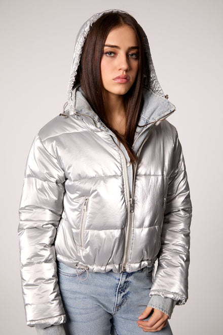 In The Mix Denim Shiny Puffer - Silver