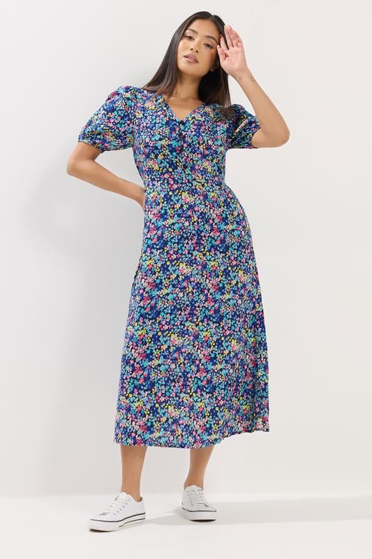 Image of MCo Petite Blue Ditsy Floral Puff Sleeve Dress
