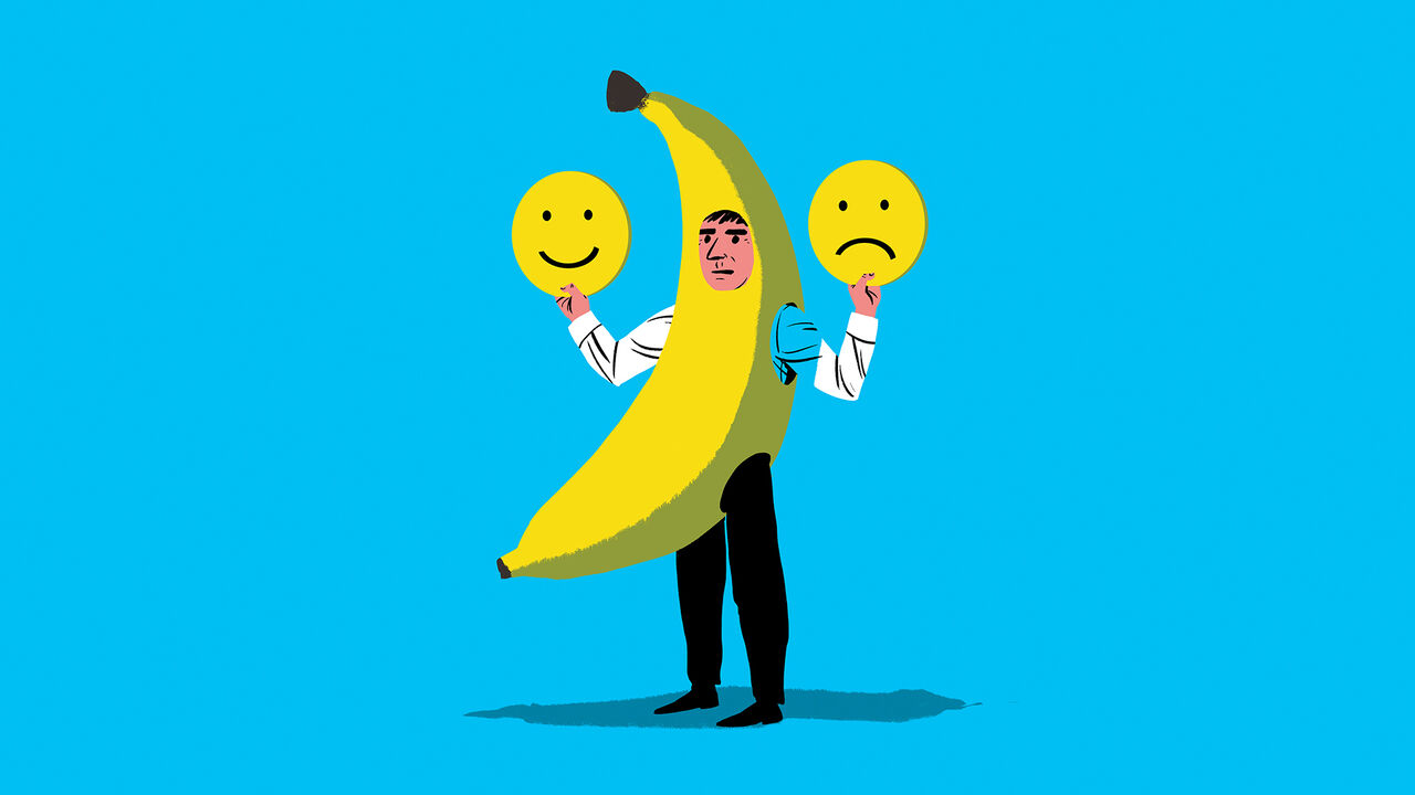 Illustration of a man wearing a banana costume holding up a happy face in one hand and a sad face in the other