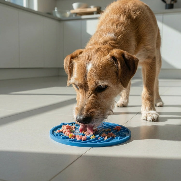 Dog enjoying a SodaPup lick mat outdoors