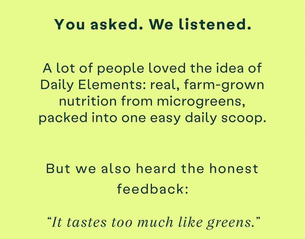 You asked, we listened. Customers loved the farm-grown microgreens nutrition but said it tasted too much like greens