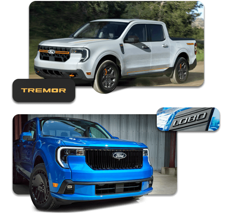A white 2025 Ford Maverick&reg; truck with the available TREMOR&reg; Package being driven on a dirt road and, below it, a blue 2025 Ford Maverick&reg; truck with the Lobo&trade; trim