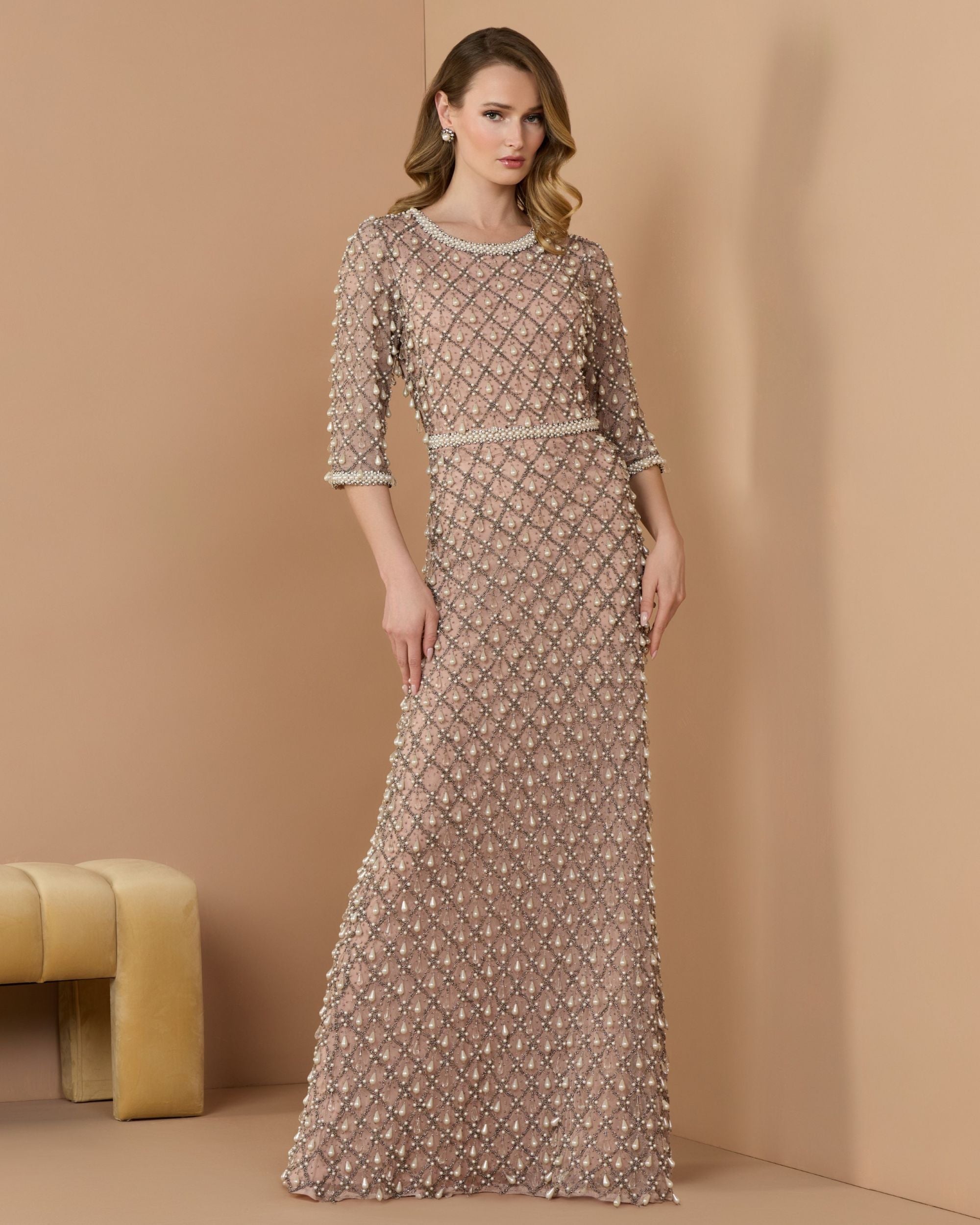 Image of Petite Pink Pearl Embellished 3/4 Sleeve Gown