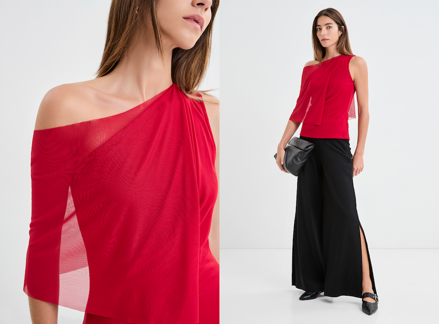 Close-up and full-length views of The Zinnia Top paired with black wide-leg slit pants and a black clutch.