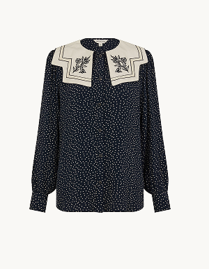 Ivy Embroidered Collar Polka Dot Blouse Blue