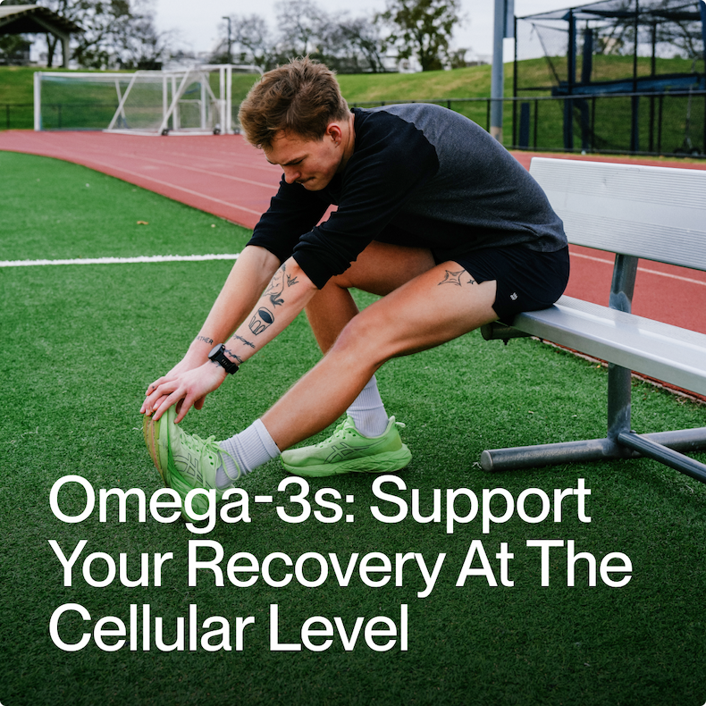 A young athlete stretches on a track field while seated on a bench. The caption reads, “Omega-3s: Support Your Recovery At The Cellular Level.