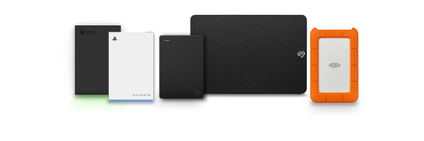 A selection of Seagate and LaCie products on ice with hockey sticks - a Game Drive for Xbox, a Game Drive for PS5, a Seagate Portable Drive, an Expansion Desktop and a LaCie Rugged USB-C.