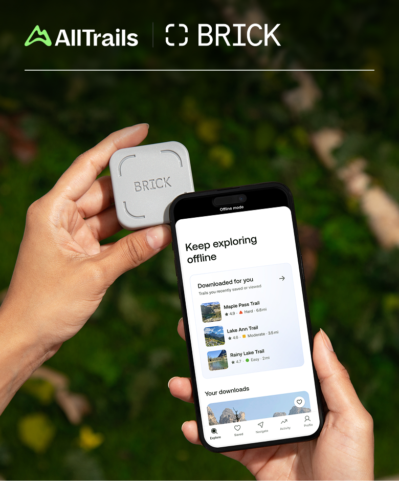 Image depicting a Brick device and a phone  with AllTrails App on the screen 