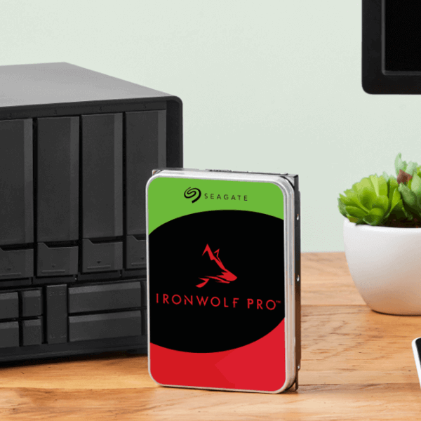 Seagate IronWolf Pro standing on a wooden desk in front of a NAS drivebay and a plant.