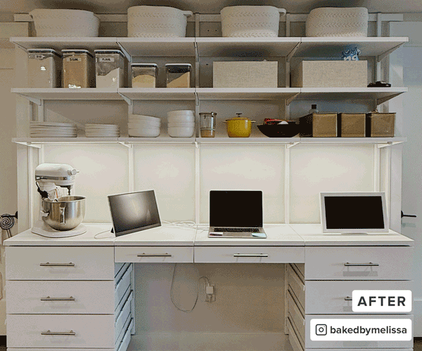 Before and After of Elfa Decor+ kitchen workspace. Photo by bakedbymelissa on Instagram